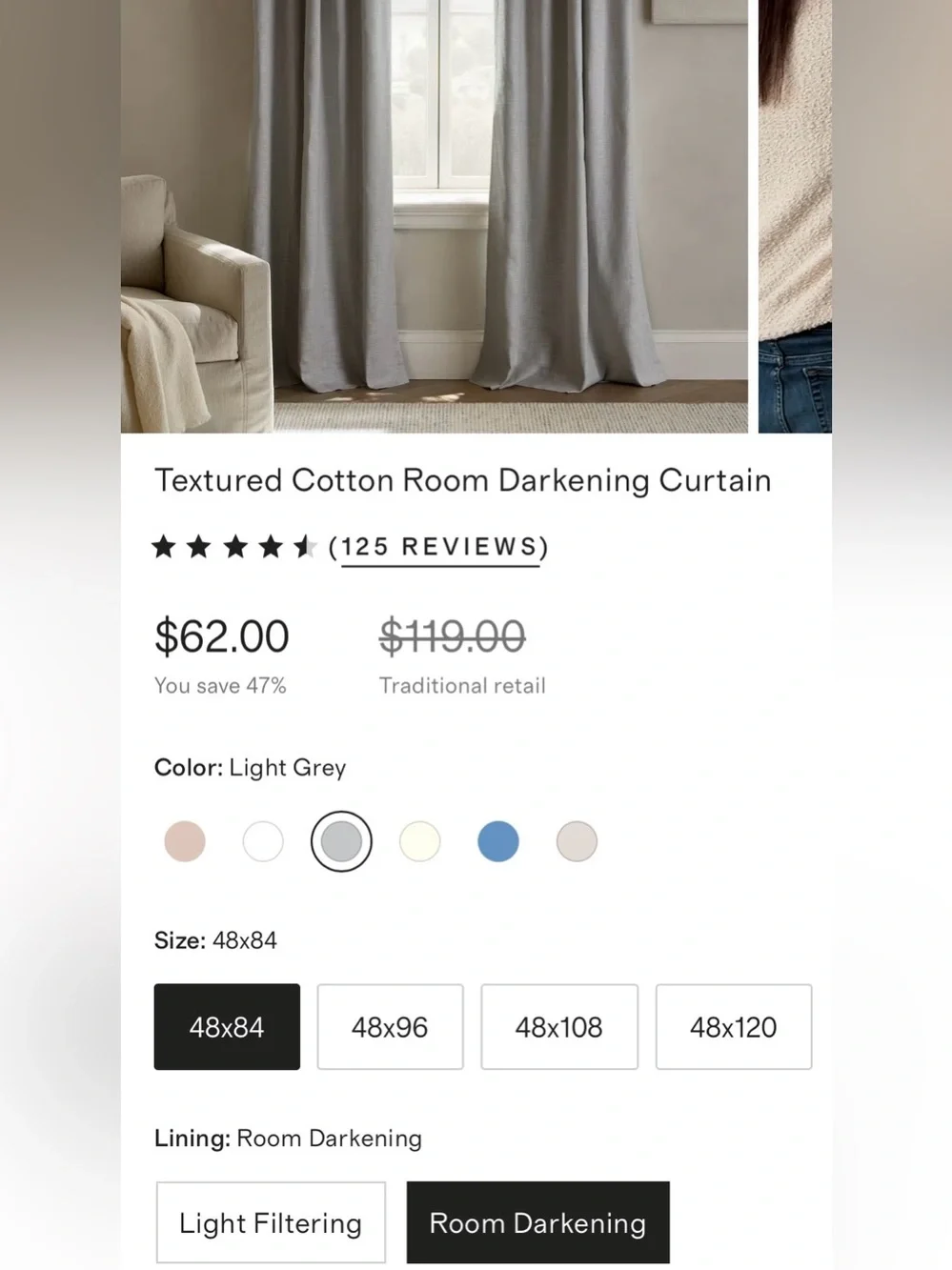 NWOT Quince Textured Cotton Room Darkening Curtain Panel, 48 X 84 (Gray)